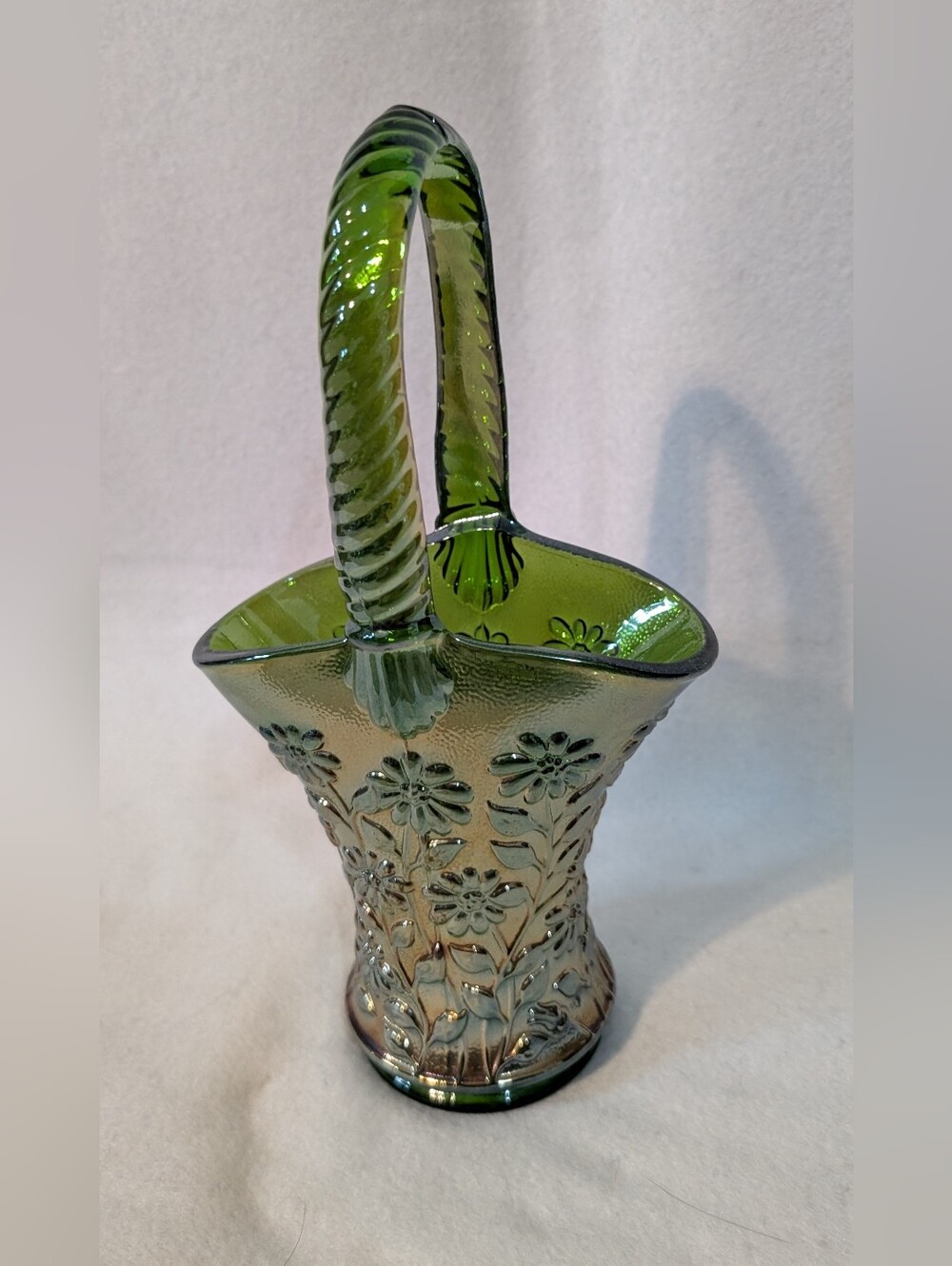 Vintage Green Carnival 10" Basket From Imperial Glass With Braided Handle
